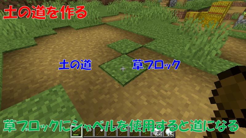 シャベルで土の道を作る