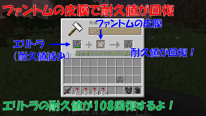 ファントムの皮膜でエリトラの耐久値が108回復する